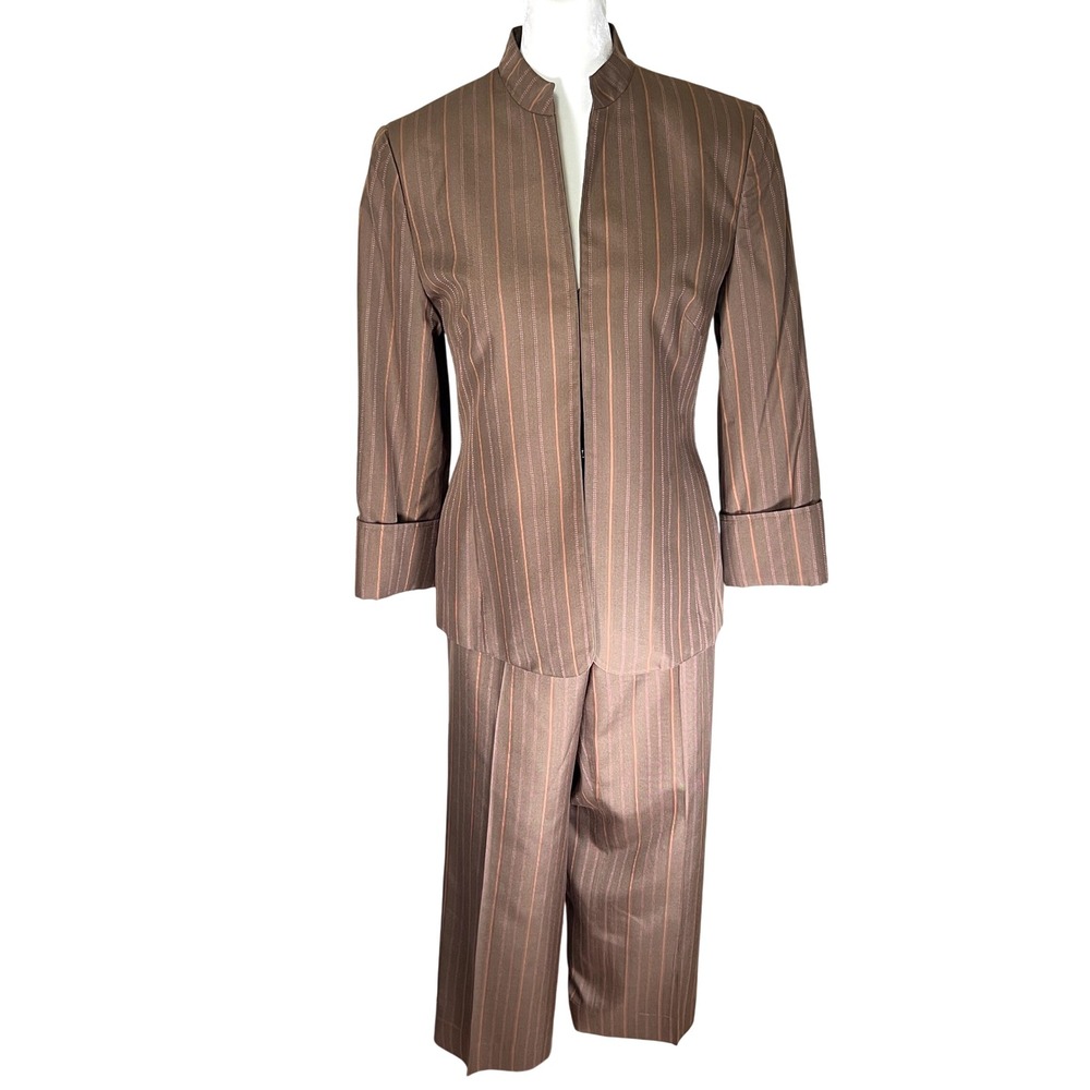 Vtg Valerie Stevens Petite Pure Silk Pant Suit Brown Pinstripe 8P Power Suit